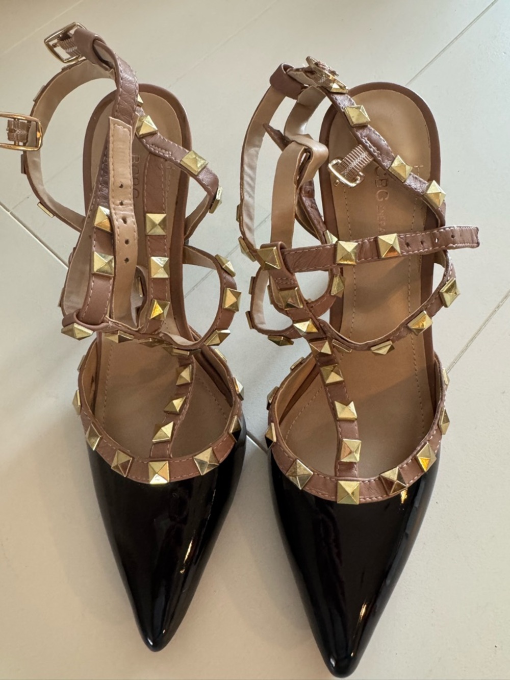 BCBGeneration Black Patent Pointed-Toe Studded Strappy Heels with Taupe Straps